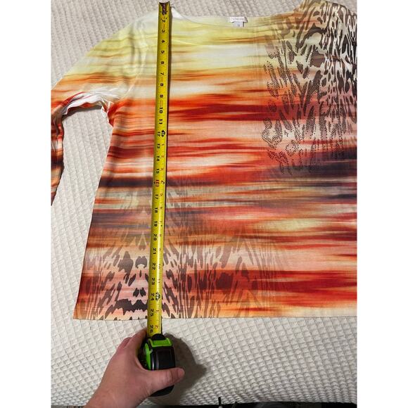 Chico's Boho Y2K Sunset Animal Print Boat Neck 3/4 Sleeve Yellow Orange Top 3 XL - Picture 11 of 12